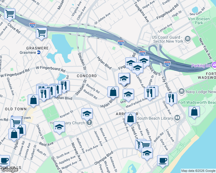 map of restaurants, bars, coffee shops, grocery stores, and more near 99 Roderick Avenue in Staten Island
