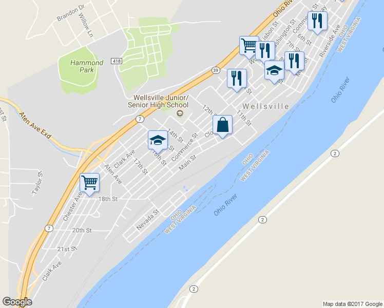 map of restaurants, bars, coffee shops, grocery stores, and more near 1433 Main Street in Wellsville