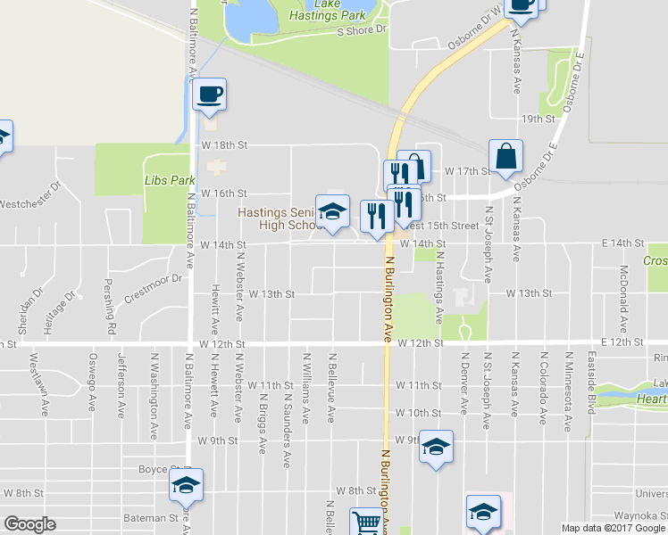 map of restaurants, bars, coffee shops, grocery stores, and more near 1101 Hill Street in Hastings