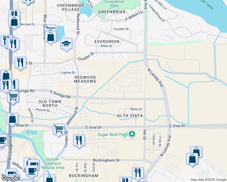 map of restaurants, bars, coffee shops, grocery stores, and more near 813 Martinez St in Fort Collins