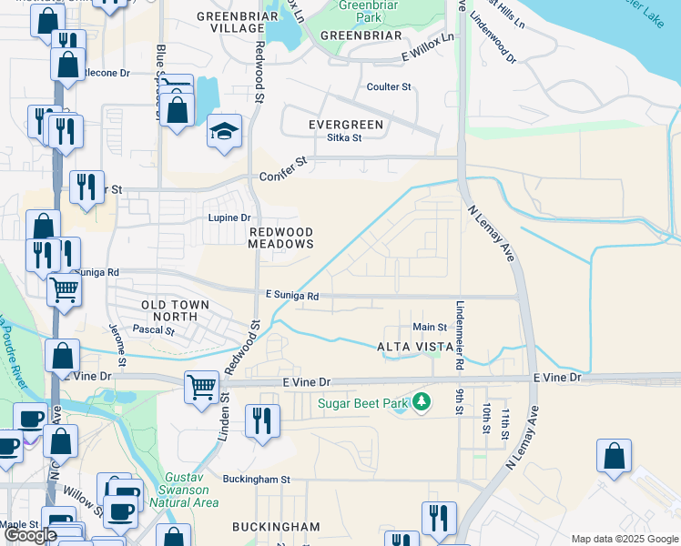 map of restaurants, bars, coffee shops, grocery stores, and more near 900 Sundrop Circle in Fort Collins