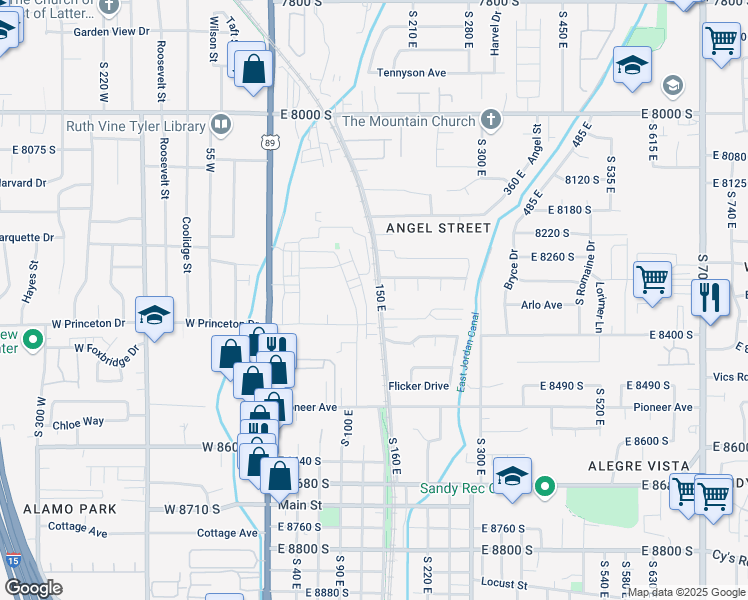 map of restaurants, bars, coffee shops, grocery stores, and more near 8278 South Resaca Drive in Sandy