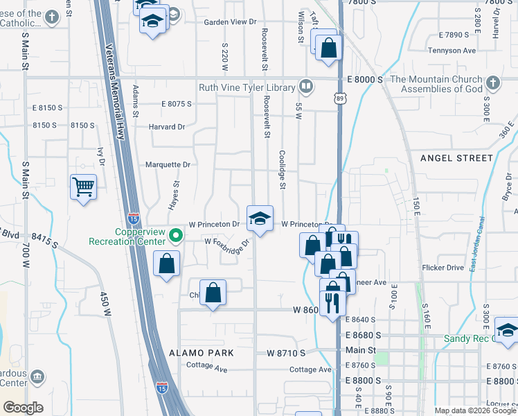 map of restaurants, bars, coffee shops, grocery stores, and more near 8298 Roosevelt Street in Midvale
