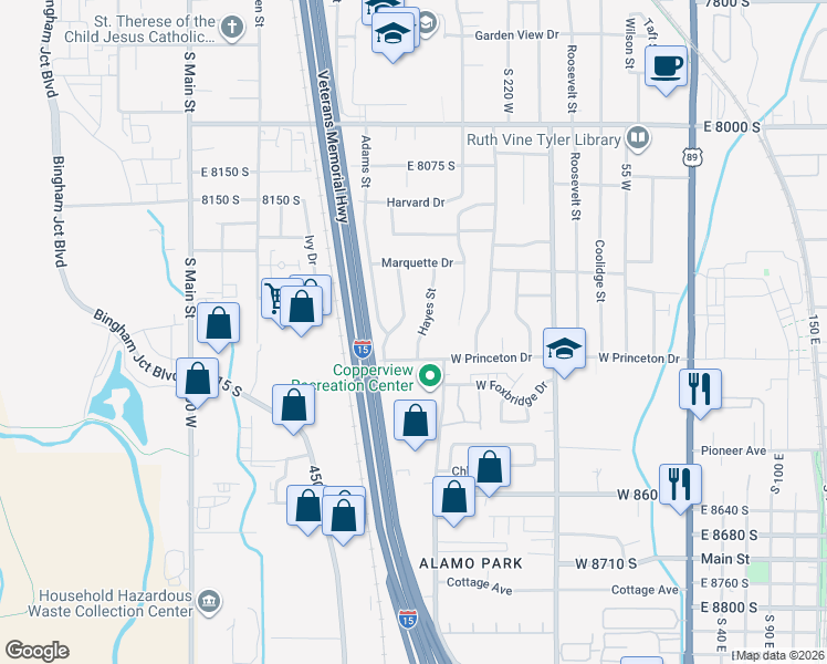 map of restaurants, bars, coffee shops, grocery stores, and more near 8299 Hoover Street in Midvale