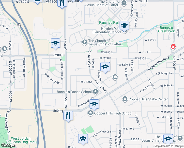 map of restaurants, bars, coffee shops, grocery stores, and more near 8320 Grizzly Way in West Jordan