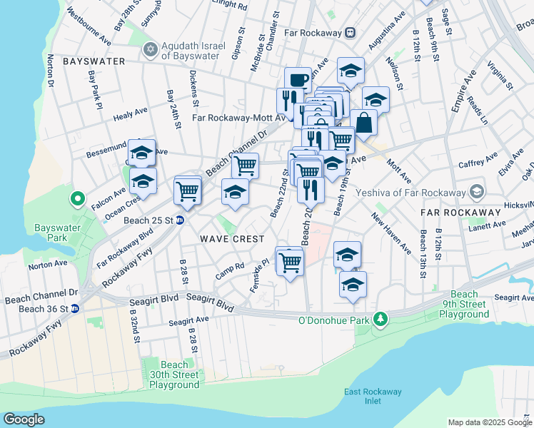 map of restaurants, bars, coffee shops, grocery stores, and more near 22-11 New Haven Avenue in Queens