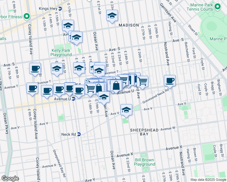 map of restaurants, bars, coffee shops, grocery stores, and more near 2078 East 22nd Street in Brooklyn