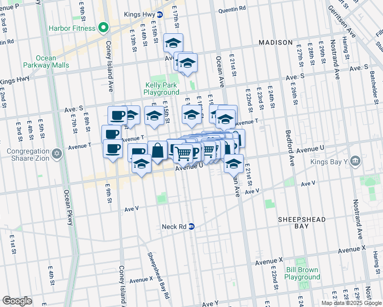 map of restaurants, bars, coffee shops, grocery stores, and more near 2033 East 17th Street in Brooklyn