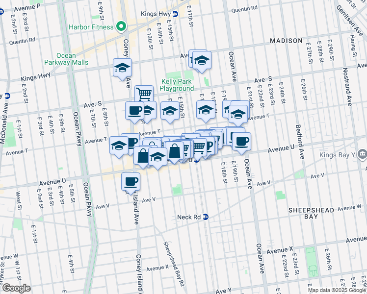 map of restaurants, bars, coffee shops, grocery stores, and more near 2019 East 14th Street in Brooklyn