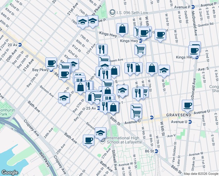 map of restaurants, bars, coffee shops, grocery stores, and more near 37 Avenue S in Brooklyn