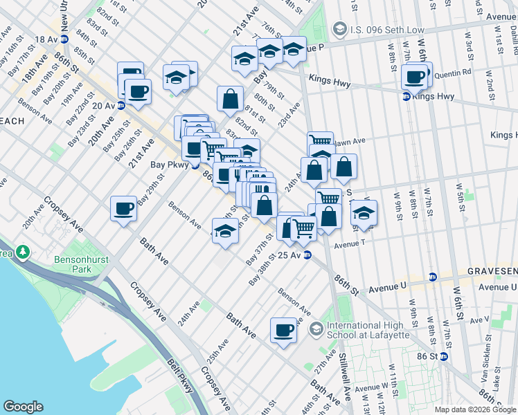 map of restaurants, bars, coffee shops, grocery stores, and more near 2367 86th Street in Brooklyn