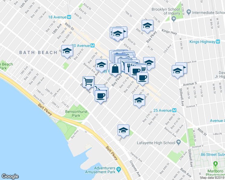 map of restaurants, bars, coffee shops, grocery stores, and more near 8665 Bay Parkway in Brooklyn