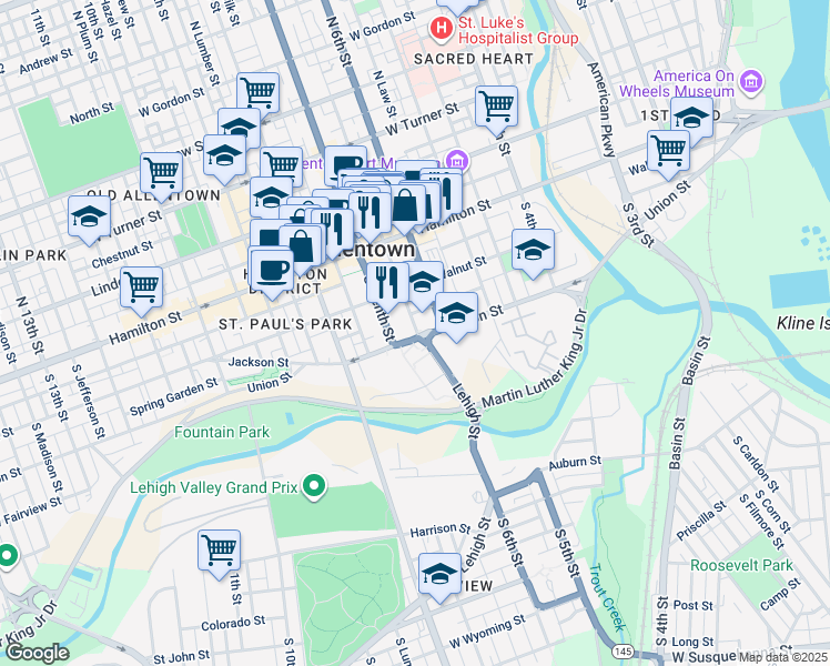 map of restaurants, bars, coffee shops, grocery stores, and more near in Allentown