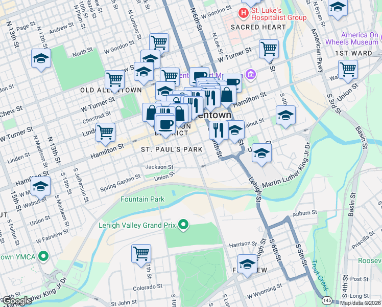 map of restaurants, bars, coffee shops, grocery stores, and more near 737 Walnut Street in Allentown
