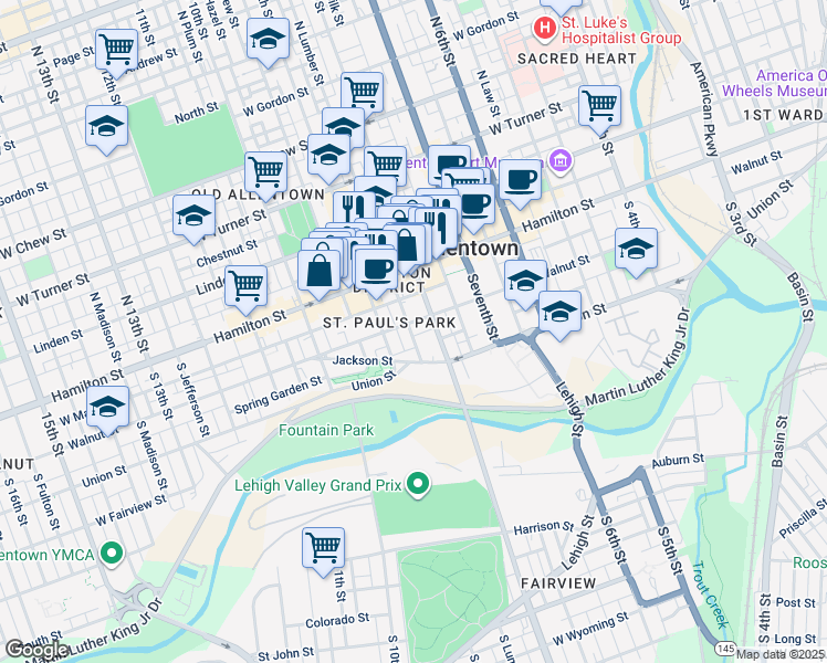 map of restaurants, bars, coffee shops, grocery stores, and more near 824 West Maple Street in Allentown