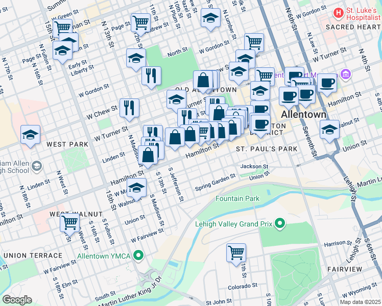 map of restaurants, bars, coffee shops, grocery stores, and more near 1139 West Court Street in Allentown