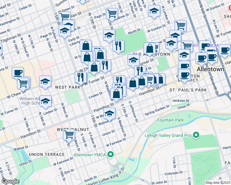 map of restaurants, bars, coffee shops, grocery stores, and more near 1299 Linden Street in Allentown
