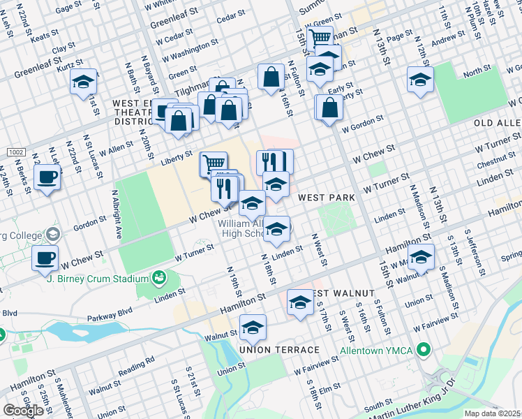 map of restaurants, bars, coffee shops, grocery stores, and more near 1745 West Chew Street in Allentown