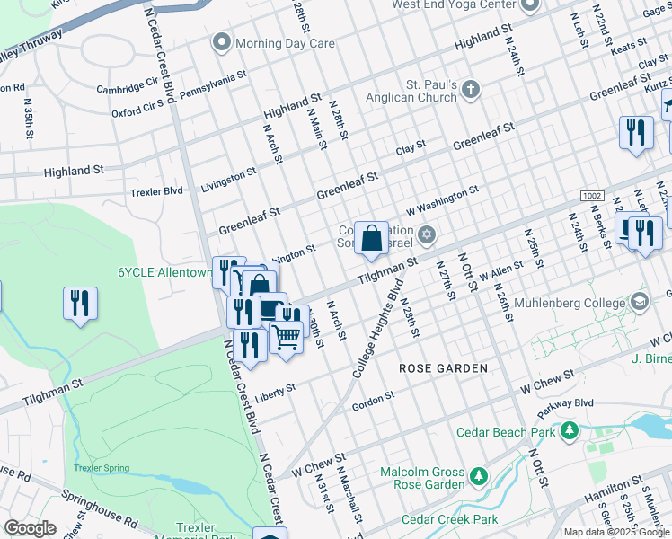 map of restaurants, bars, coffee shops, grocery stores, and more near 735 North 29th Street in Allentown