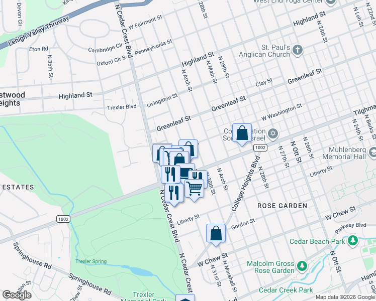 map of restaurants, bars, coffee shops, grocery stores, and more near 806 North 30th Street in Allentown