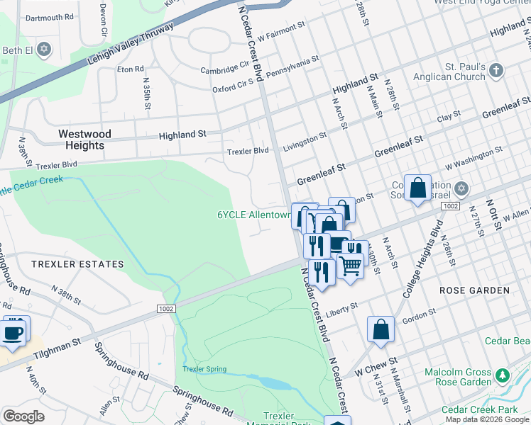 map of restaurants, bars, coffee shops, grocery stores, and more near 3215 West Cedar Street in Allentown