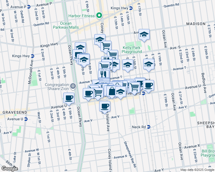map of restaurants, bars, coffee shops, grocery stores, and more near 2345 Coney Island Avenue in Brooklyn