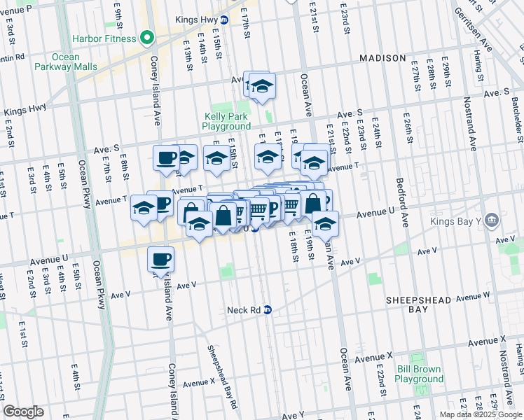 map of restaurants, bars, coffee shops, grocery stores, and more near 2026 East 16th Street in Brooklyn