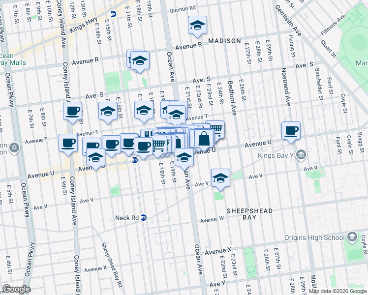 map of restaurants, bars, coffee shops, grocery stores, and more near 2535 Ocean Avenue in Brooklyn