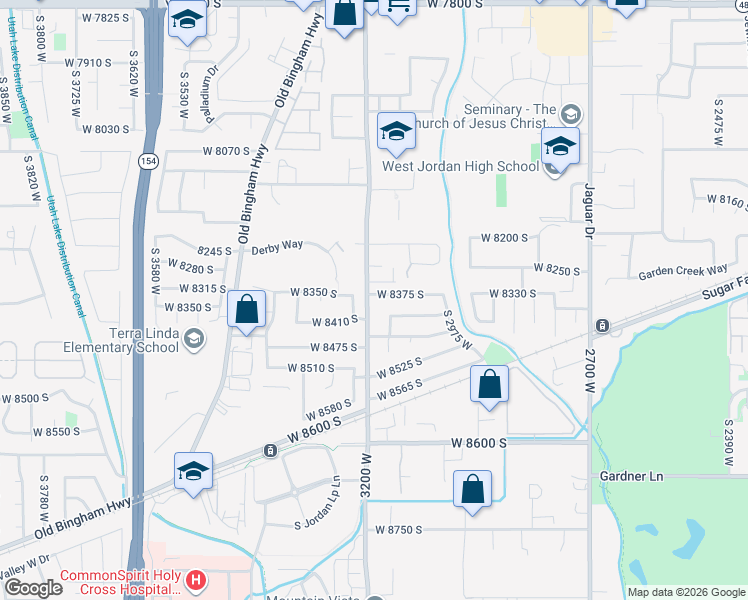 map of restaurants, bars, coffee shops, grocery stores, and more near 3193 Meadow Green Way in West Jordan