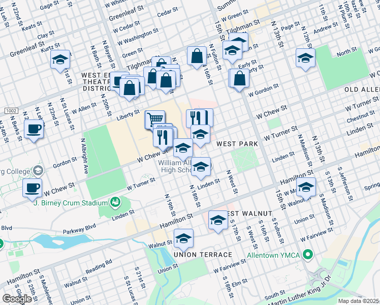 map of restaurants, bars, coffee shops, grocery stores, and more near 1745 West Chew Street in Allentown