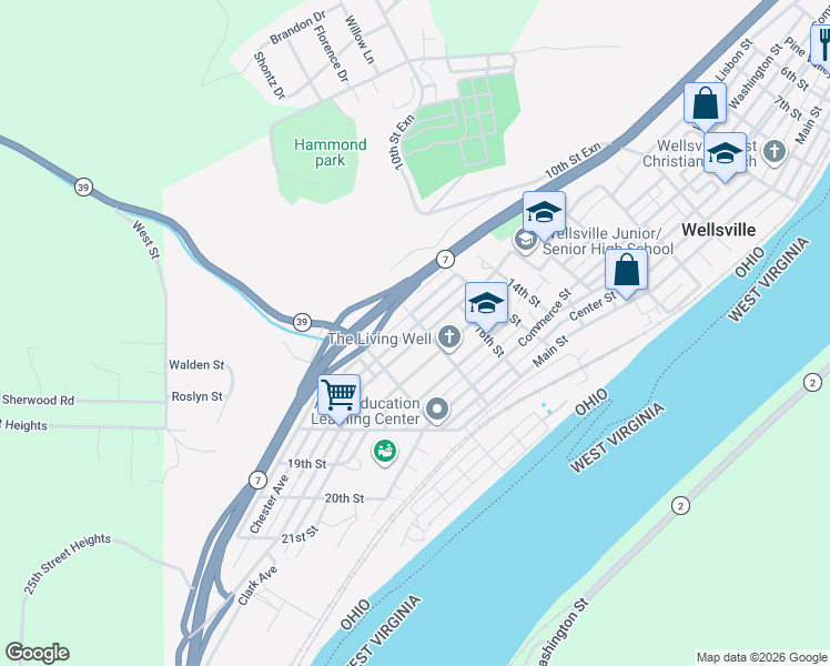 map of restaurants, bars, coffee shops, grocery stores, and more near 1623 Chester Avenue in Wellsville