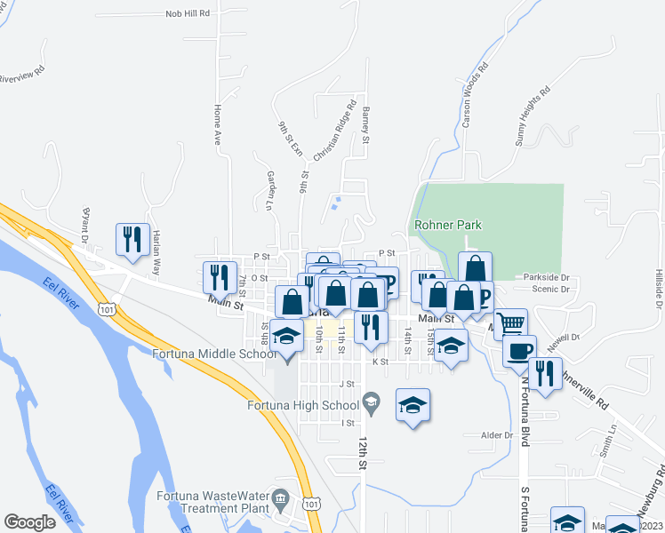 map of restaurants, bars, coffee shops, grocery stores, and more near 1036 O Street in Fortuna