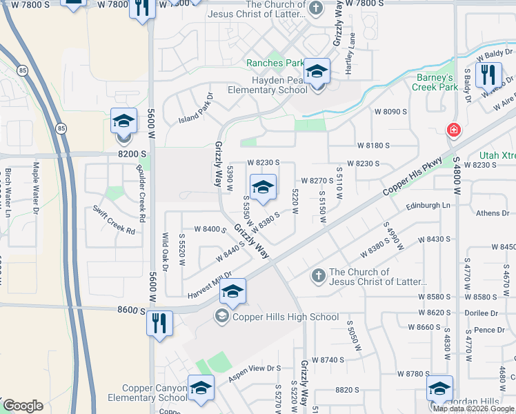 map of restaurants, bars, coffee shops, grocery stores, and more near 8344 Wheatridge Court in West Jordan