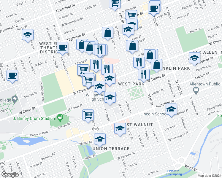 map of restaurants, bars, coffee shops, grocery stores, and more near 218 North 17th Street in Allentown