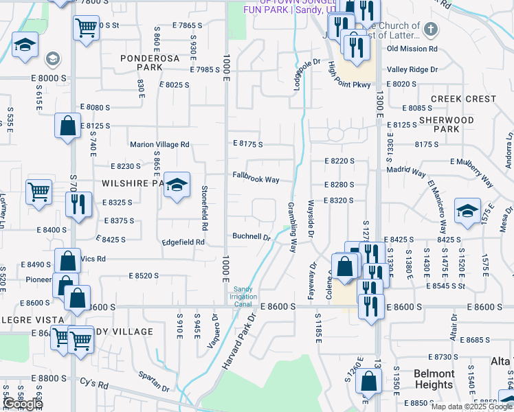 map of restaurants, bars, coffee shops, grocery stores, and more near 8335 South 1050 East in Sandy
