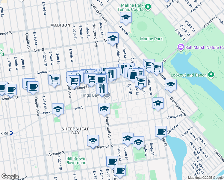 map of restaurants, bars, coffee shops, grocery stores, and more near 2125 Haring Street in Brooklyn