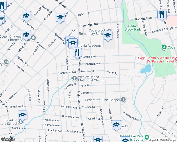 map of restaurants, bars, coffee shops, grocery stores, and more near 513 Pemberton Avenue in Plainfield
