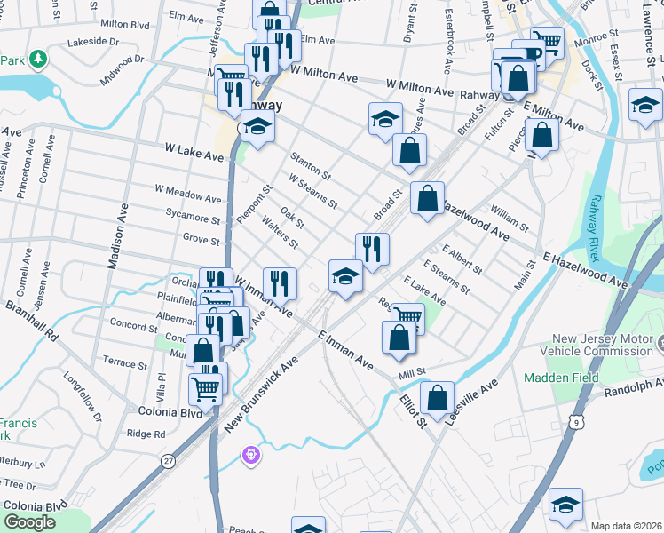 map of restaurants, bars, coffee shops, grocery stores, and more near 24 W Lake Ave in Rahway