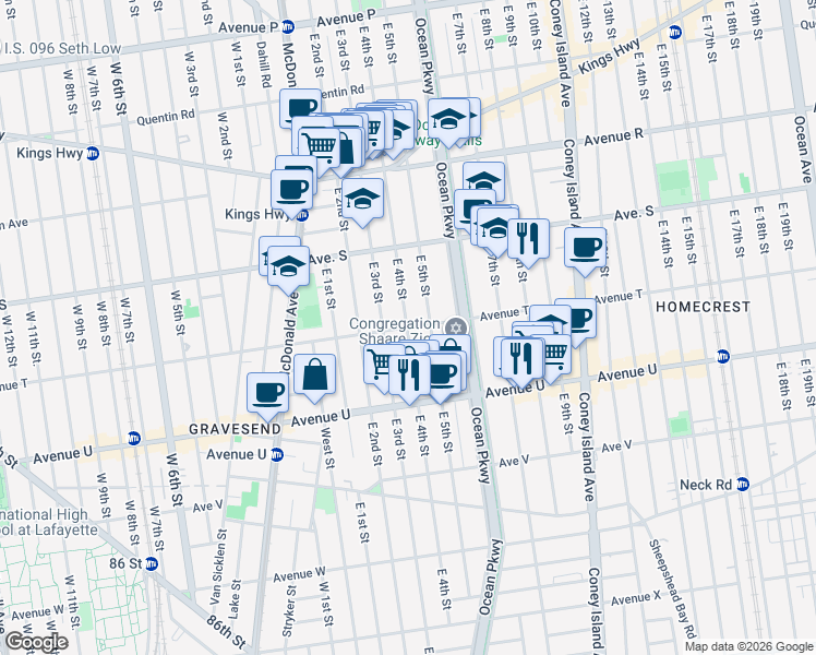 map of restaurants, bars, coffee shops, grocery stores, and more near East 4th Street in Brooklyn