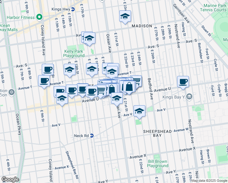 map of restaurants, bars, coffee shops, grocery stores, and more near 2530 Ocean Avenue in Brooklyn