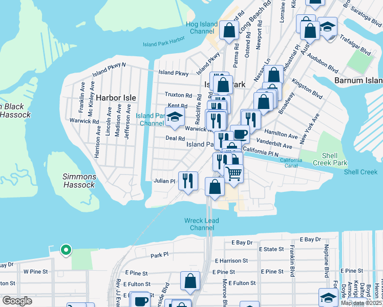 map of restaurants, bars, coffee shops, grocery stores, and more near 95 Radcliffe Road in Island Park