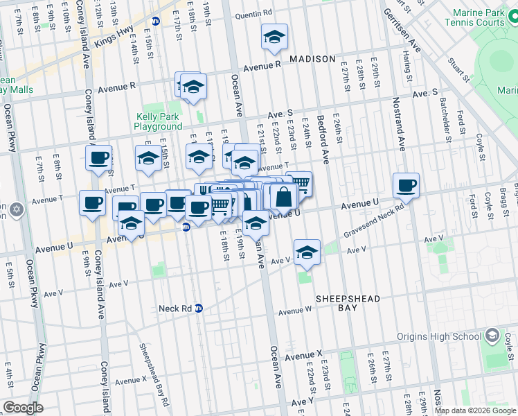 map of restaurants, bars, coffee shops, grocery stores, and more near 2499 Ocean Avenue in Brooklyn