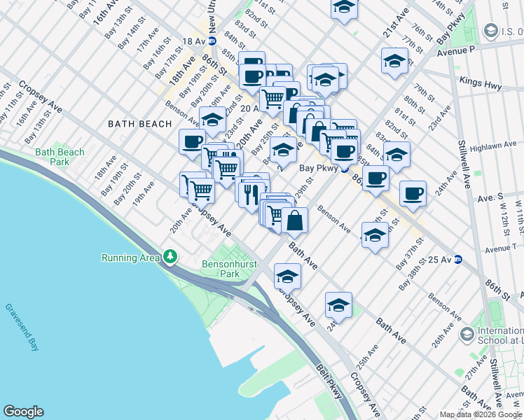 map of restaurants, bars, coffee shops, grocery stores, and more near 120 Bay 28th Street in Brooklyn