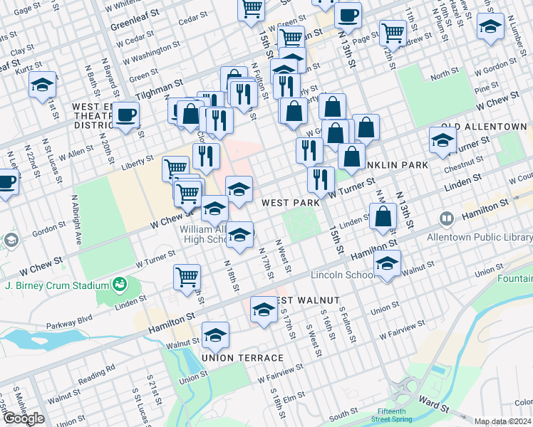 map of restaurants, bars, coffee shops, grocery stores, and more near 1627 West Turner Street in Allentown