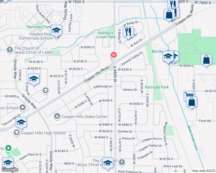 map of restaurants, bars, coffee shops, grocery stores, and more near 7903 McKenzie Lane in West Jordan
