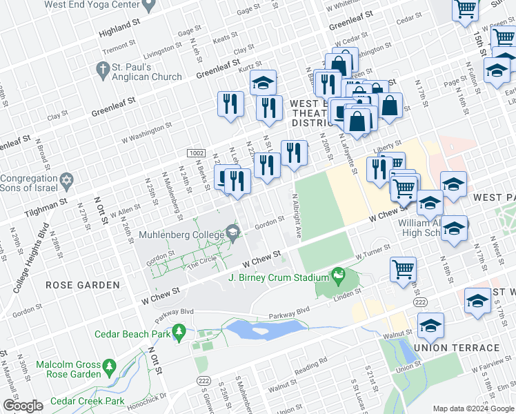 map of restaurants, bars, coffee shops, grocery stores, and more near 425 North Leh Street in Allentown