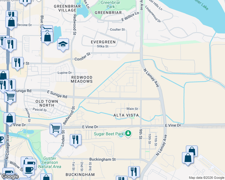 map of restaurants, bars, coffee shops, grocery stores, and more near 813 Martinez St in Fort Collins