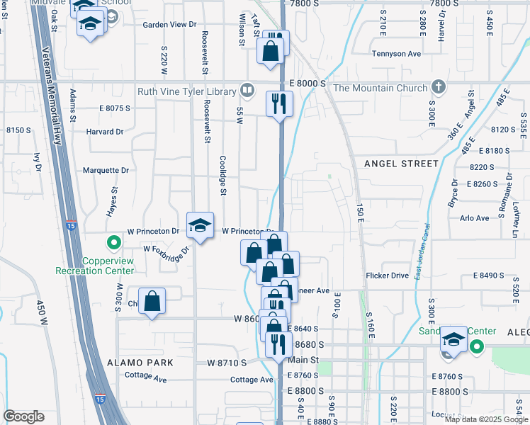 map of restaurants, bars, coffee shops, grocery stores, and more near 8288 Wilson Street in Midvale