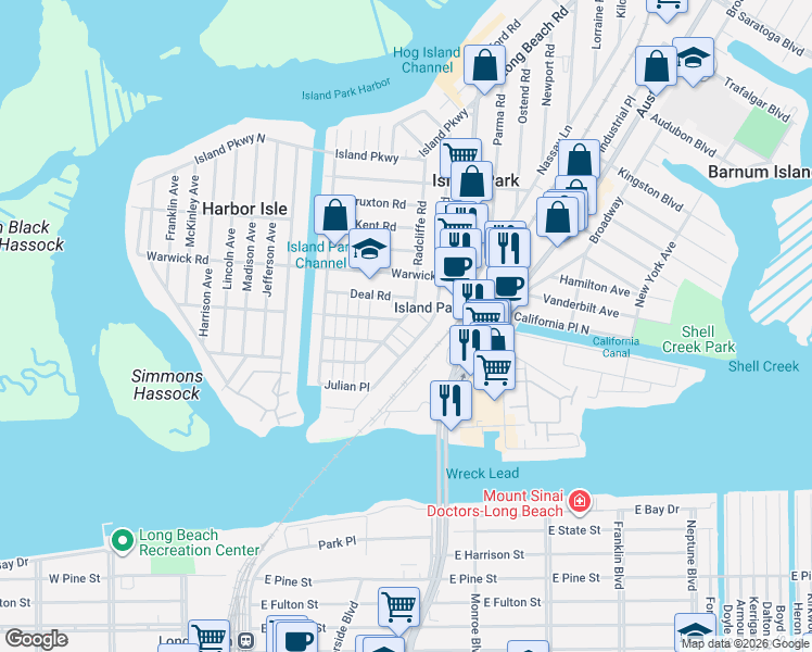 map of restaurants, bars, coffee shops, grocery stores, and more near 95 Radcliffe Road in Island Park