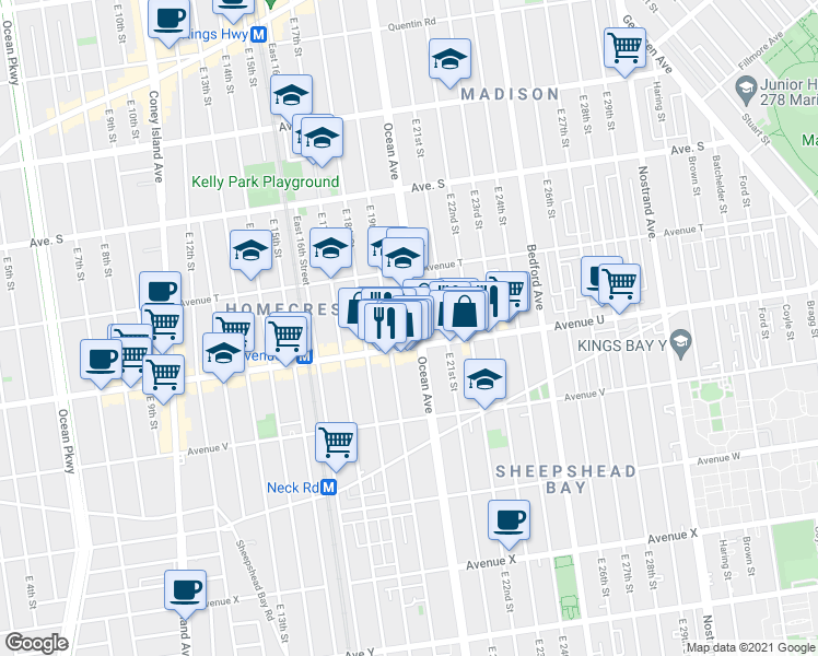 map of restaurants, bars, coffee shops, grocery stores, and more near 2499 Ocean Avenue in Brooklyn